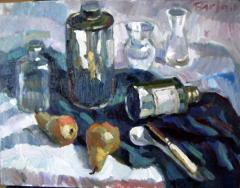 Still Life, turps cans & pears - click here to see an enlargement